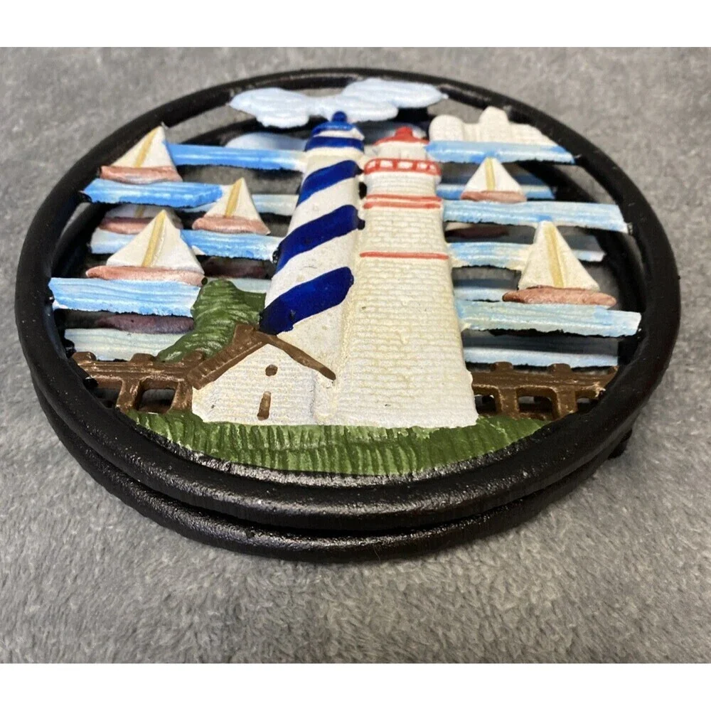 Vintage Lighthouse Sailboat Cast Iron Round Trivet Pot Holder(sold separately)